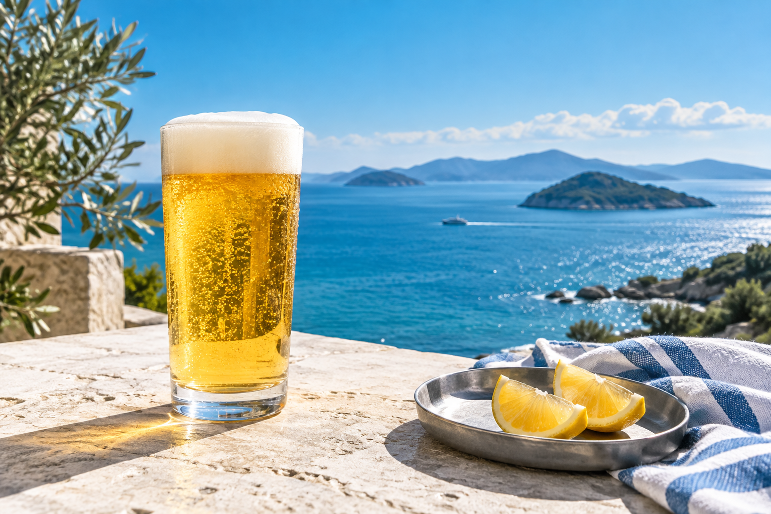 青い海を望むテーブルに置かれた、きめ細かな泡のビールと柑橘